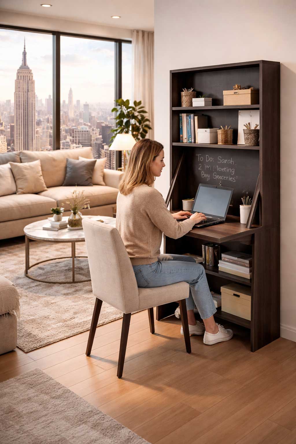 Woman using a secretary desk in a fancy Manhattan studio apartment, seated at a compact wood desk with shelves and a laptop, with a skyline view and modern living area in the background.