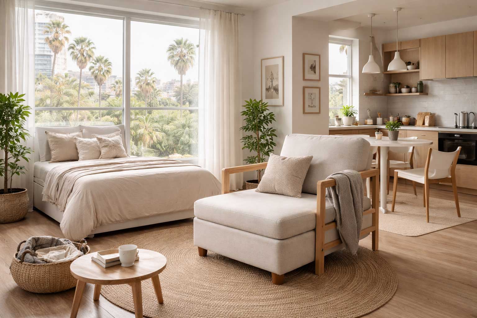 Los Angeles studio apartment interior with a cream sleeper chair in the foreground, large windows with palm tree views, light wood floors, neutral décor, and a compact kitchen and dining area.