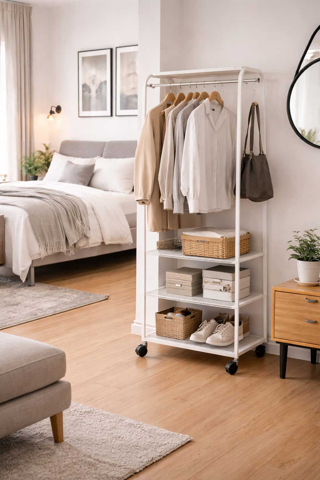 Modern studio apartment with a slim white wardrobe rack beside the bed, featuring hanging clothes and lower storage shelves in a bright open-concept layout.