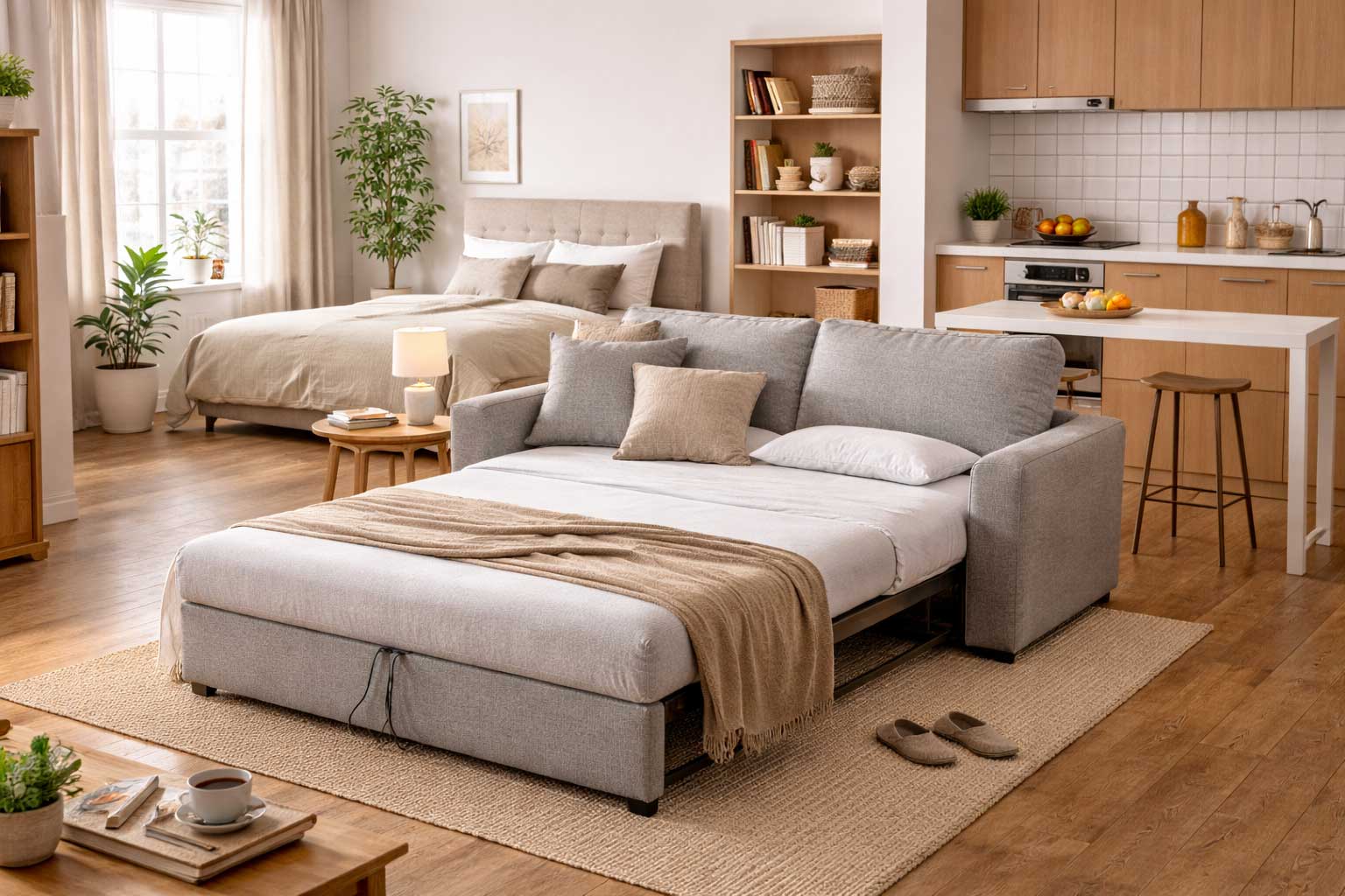 Modern studio apartment interior with a gray sofa bed opened for sleeping, warm wood floors, neutral décor, open shelving, and a compact kitchen in the background.