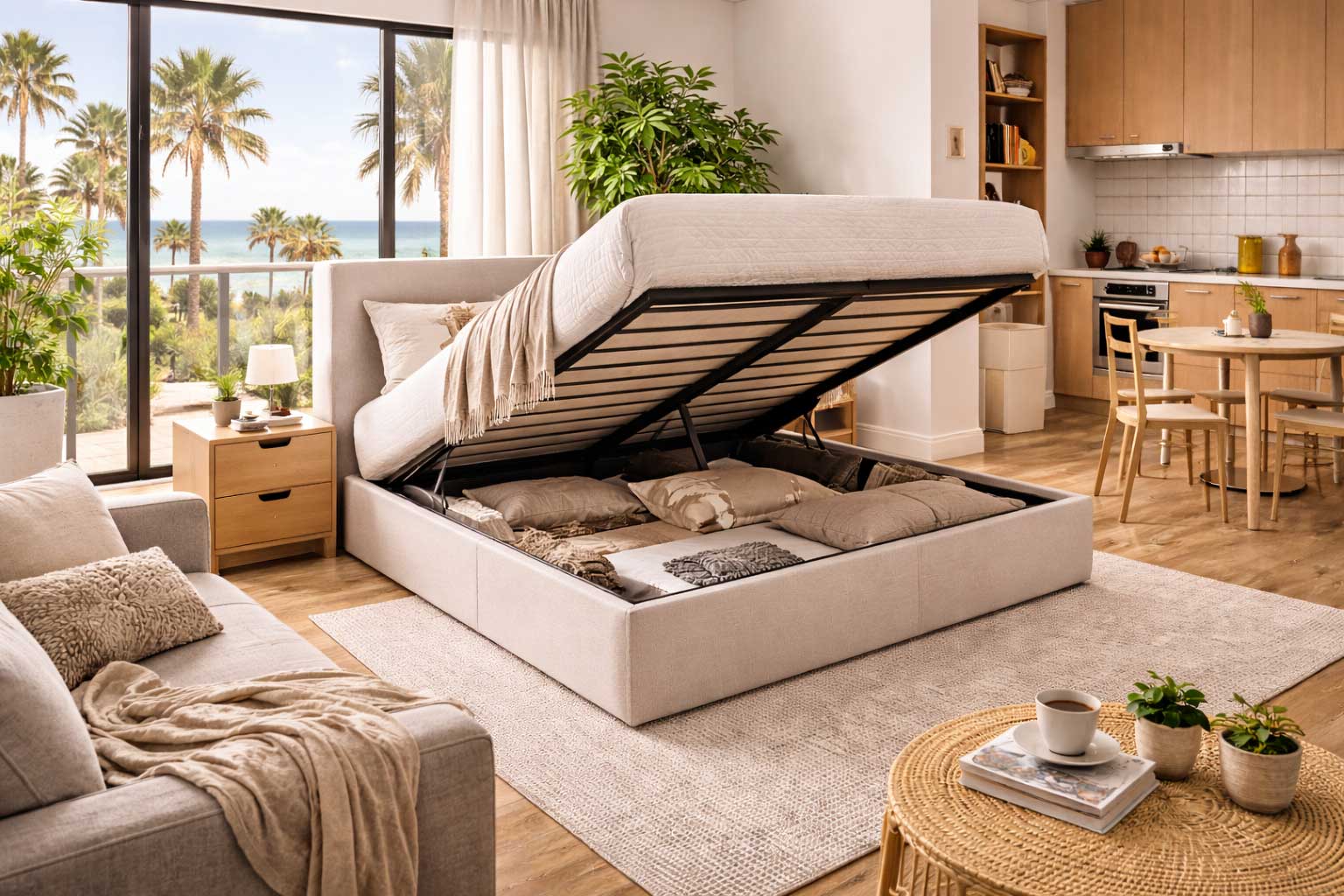 California studio apartment interior with a lift-up upholstered storage bed open to reveal hidden bedding storage, along with warm wood floors, neutral décor, a compact kitchen, and bright natural light.
