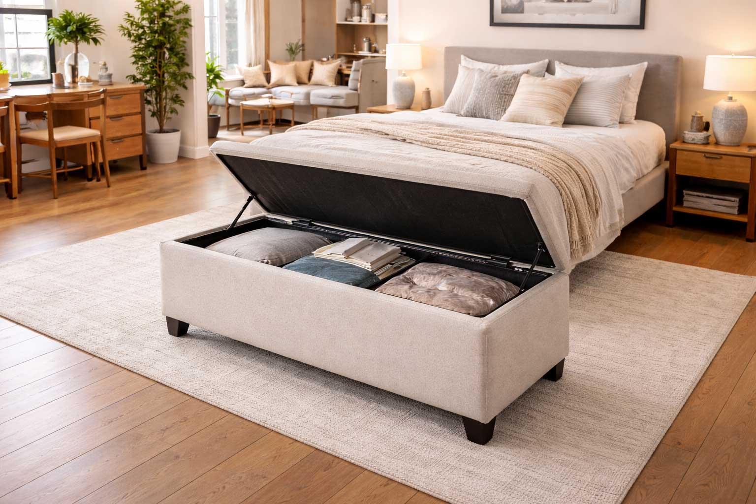 Upscale studio apartment with a single beige storage ottoman at the foot of the bed, shown open to reveal hidden storage in a realistic open-concept layout with warm wood floors and a polished luxury feel.