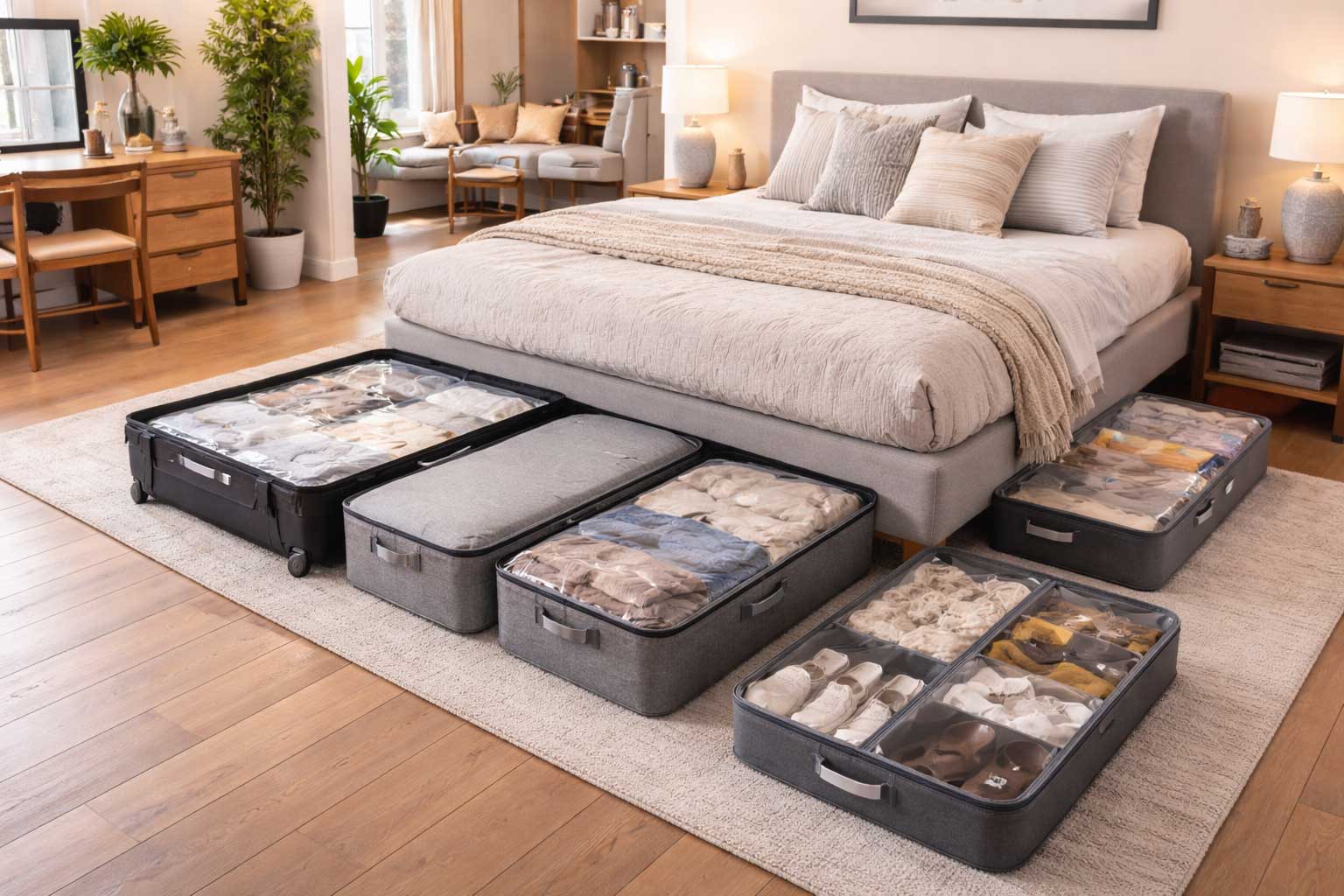 Beautiful studio apartment with under-bed storage containers partially pulled out beneath an upholstered bed, shown in a realistic upscale open-concept layout with warm wood floors and a polished city-apartment feel.