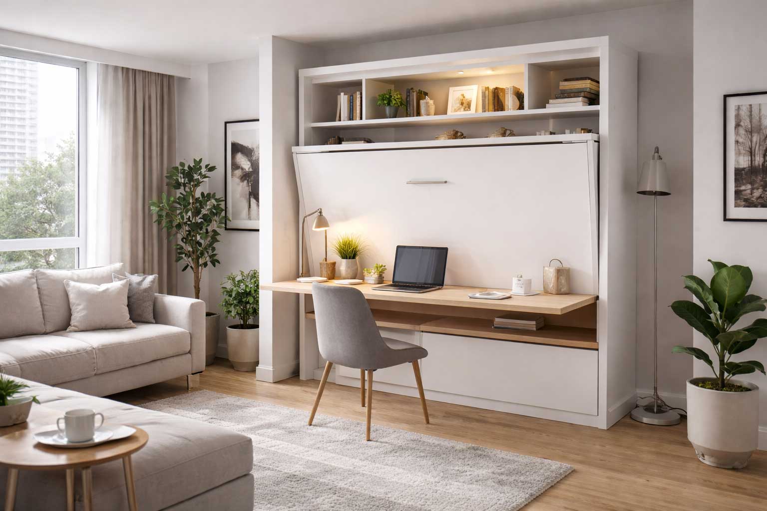 Studio apartment interior with a white Murphy bed cabinet integrated with a desk and shelving, shown in closed desk mode beside a sofa, plants, and large window.