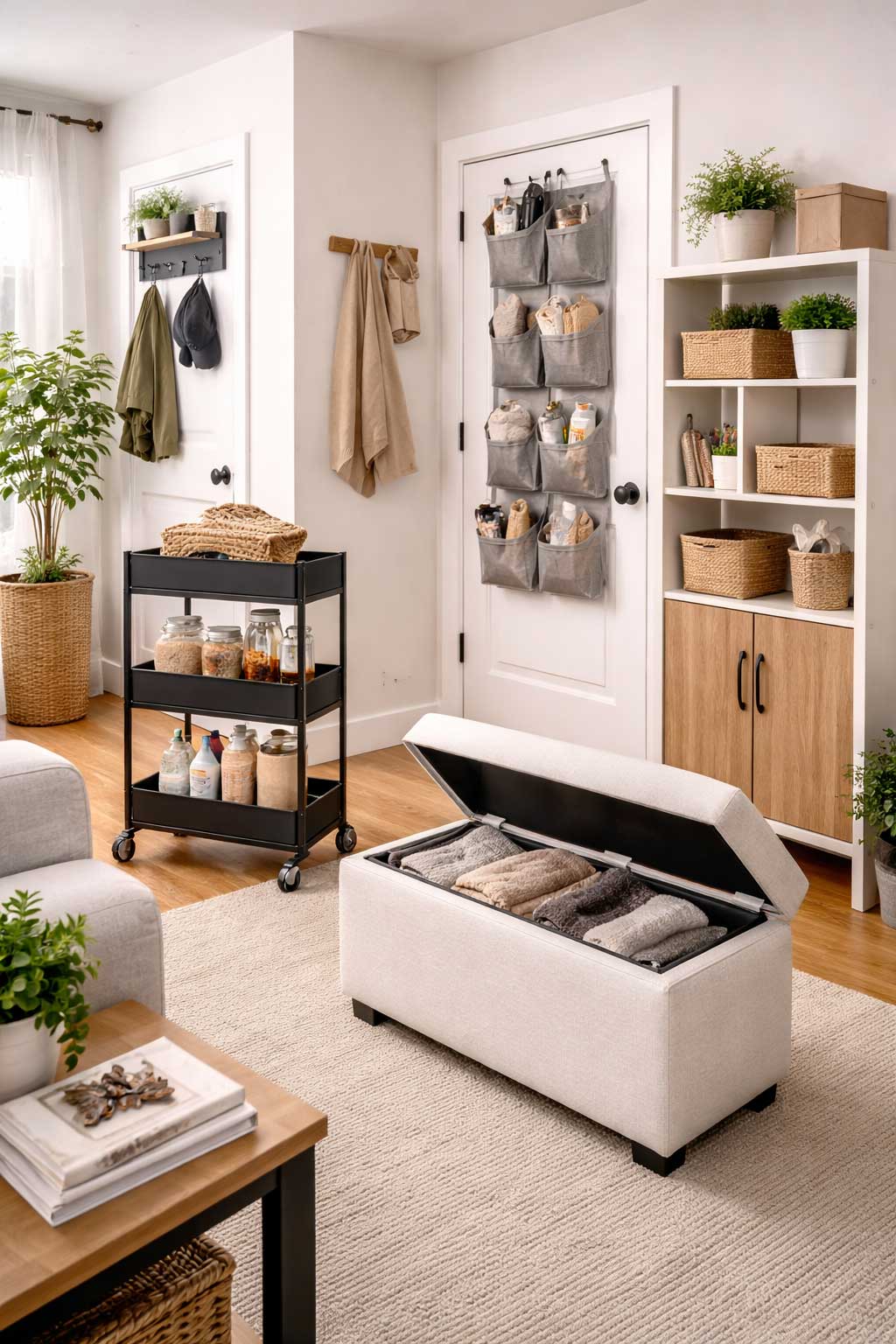 Small apartment living area with no-drill storage solutions including an over-the-door organizer, rolling cart, freestanding shelving unit, wall hooks, and a storage ottoman used to add organization without wall damage.