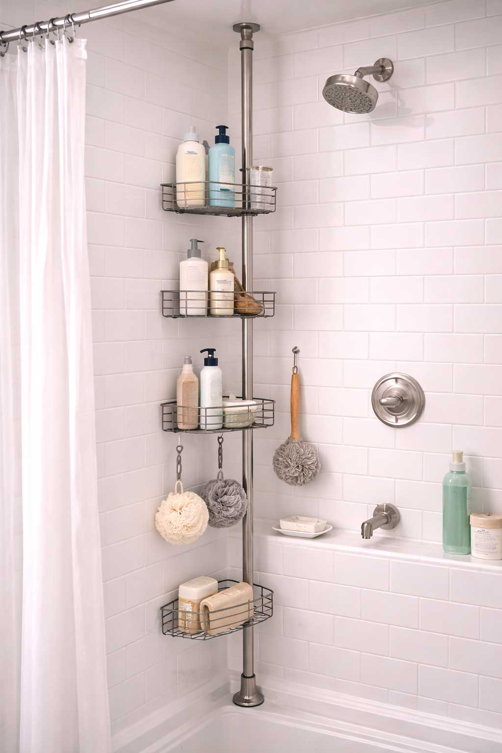 Small apartment shower with a tension-pole caddy, grouped bottles, hanging shower tools, and compact vertical storage that adds organization without making the shower feel crowded.
