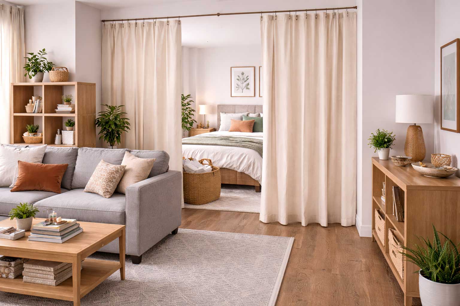 Studio apartment with soft curtains creating privacy around the bed, while the living area stays open and bright with a sofa, coffee table, and light wood storage furniture.