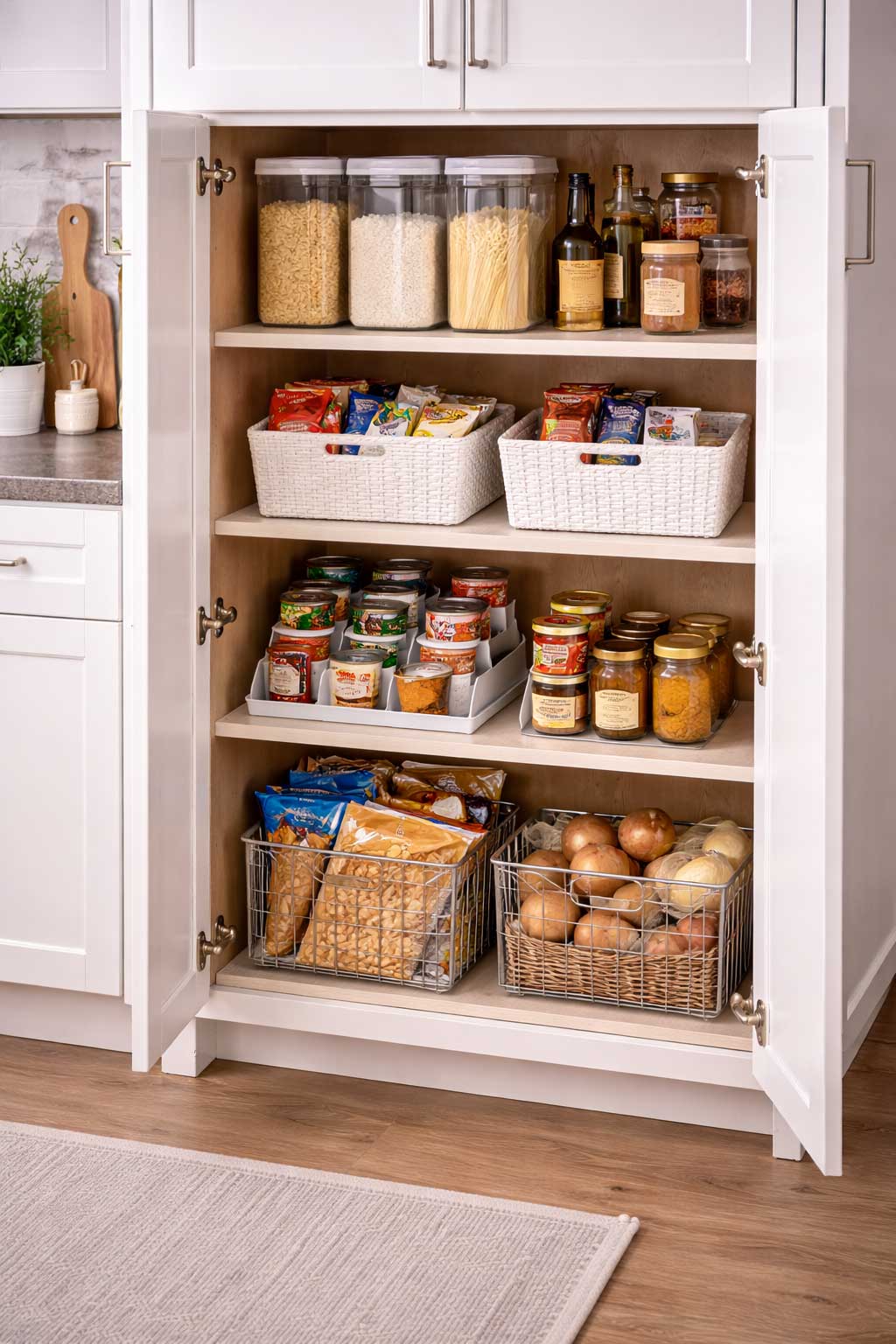 Small apartment kitchen pantry zone created inside a cabinet, with dry goods in clear containers, snacks in baskets, and canned items grouped on shelves for easy access and better organization.