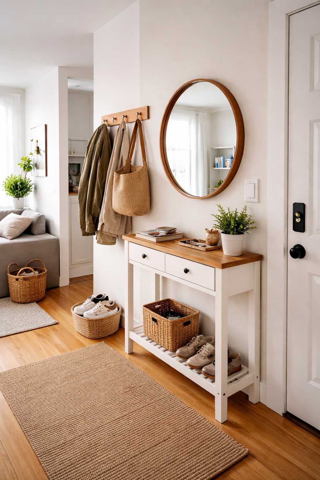 Small apartment entryway with no foyer, featuring a narrow console table, round wall mirror, coat hooks, baskets for shoes, and a defined front-door landing zone.