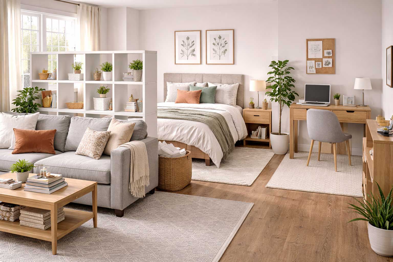 Bright studio apartment divided into living, sleeping, and work zones using open shelving, rugs, and furniture placement to create separation without making the space feel smaller.