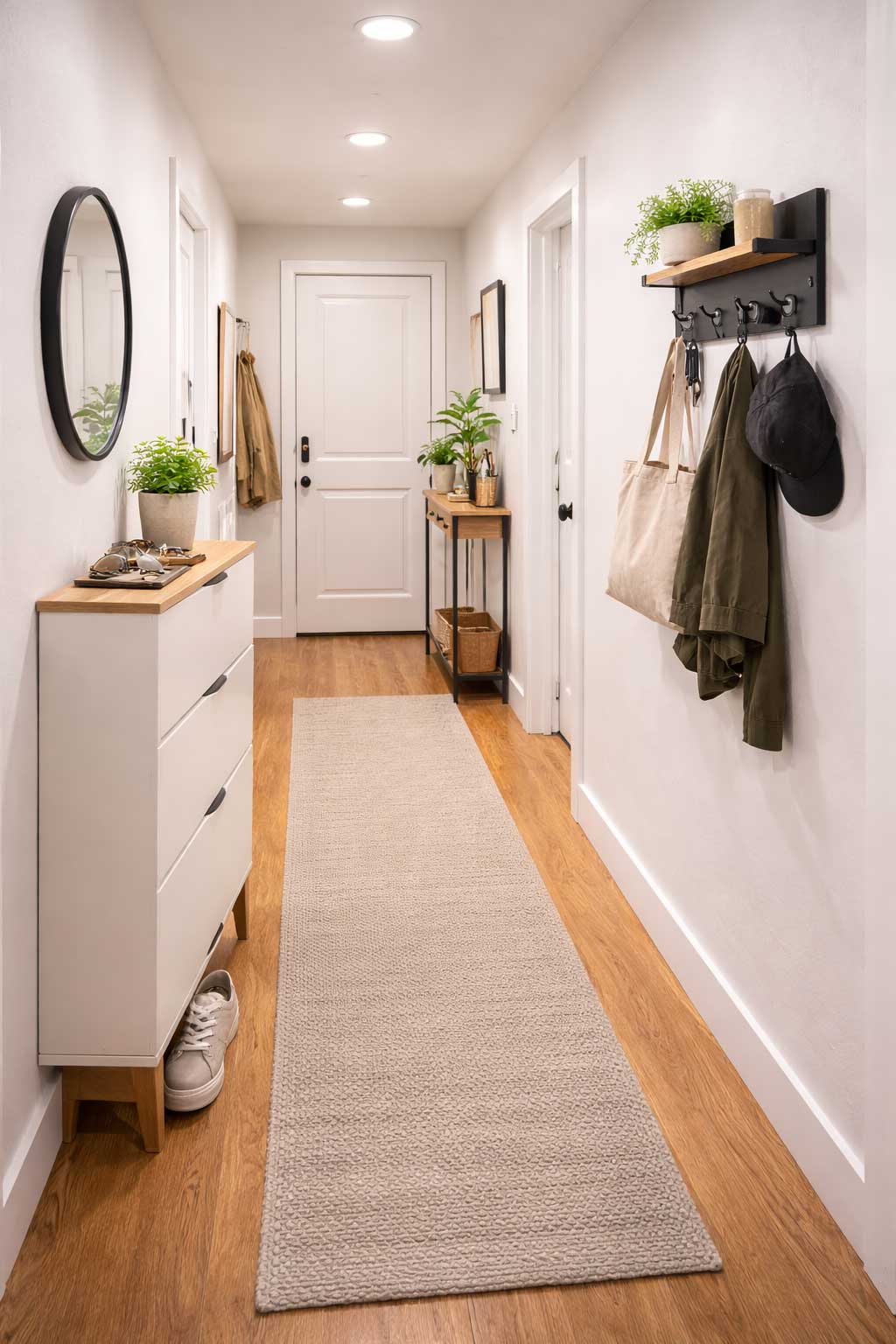 Narrow apartment hallway with a slim shoe cabinet, wall hooks, small console table, mirror, runner rug, and bright lighting that keeps the passage functional and uncluttered.