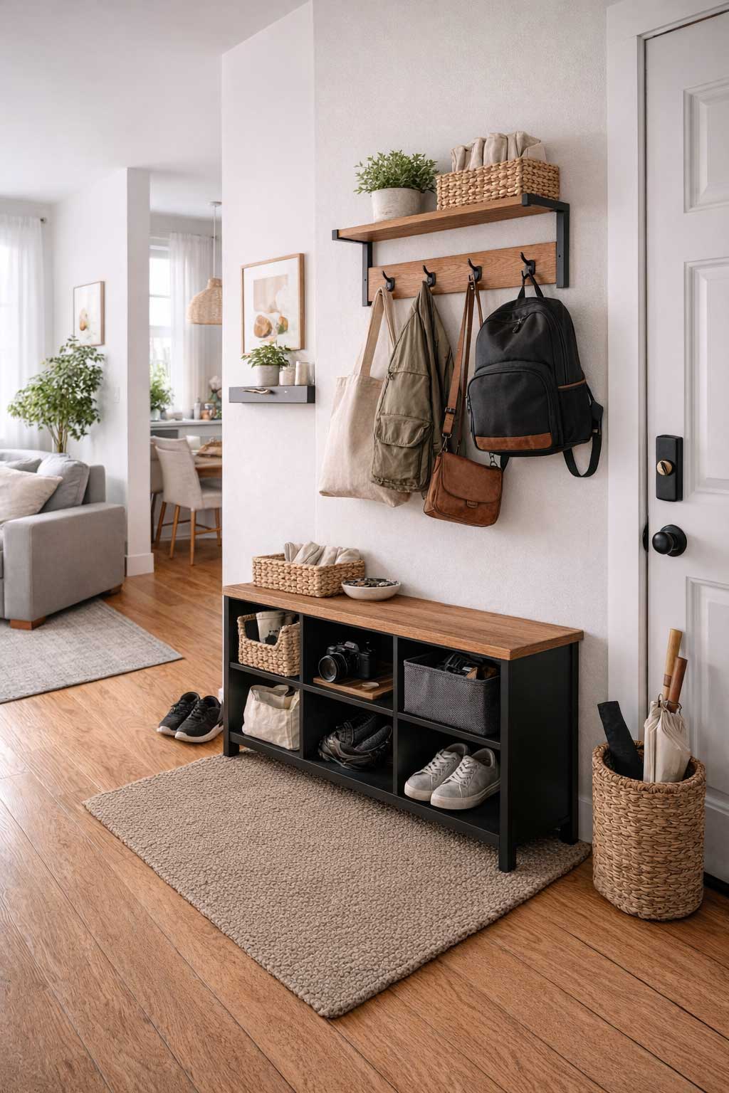 Small apartment entryway with organized backpacks, tote bags, and purses on wall hooks above a storage bench with cubbies, creating a neat front-door drop zone.