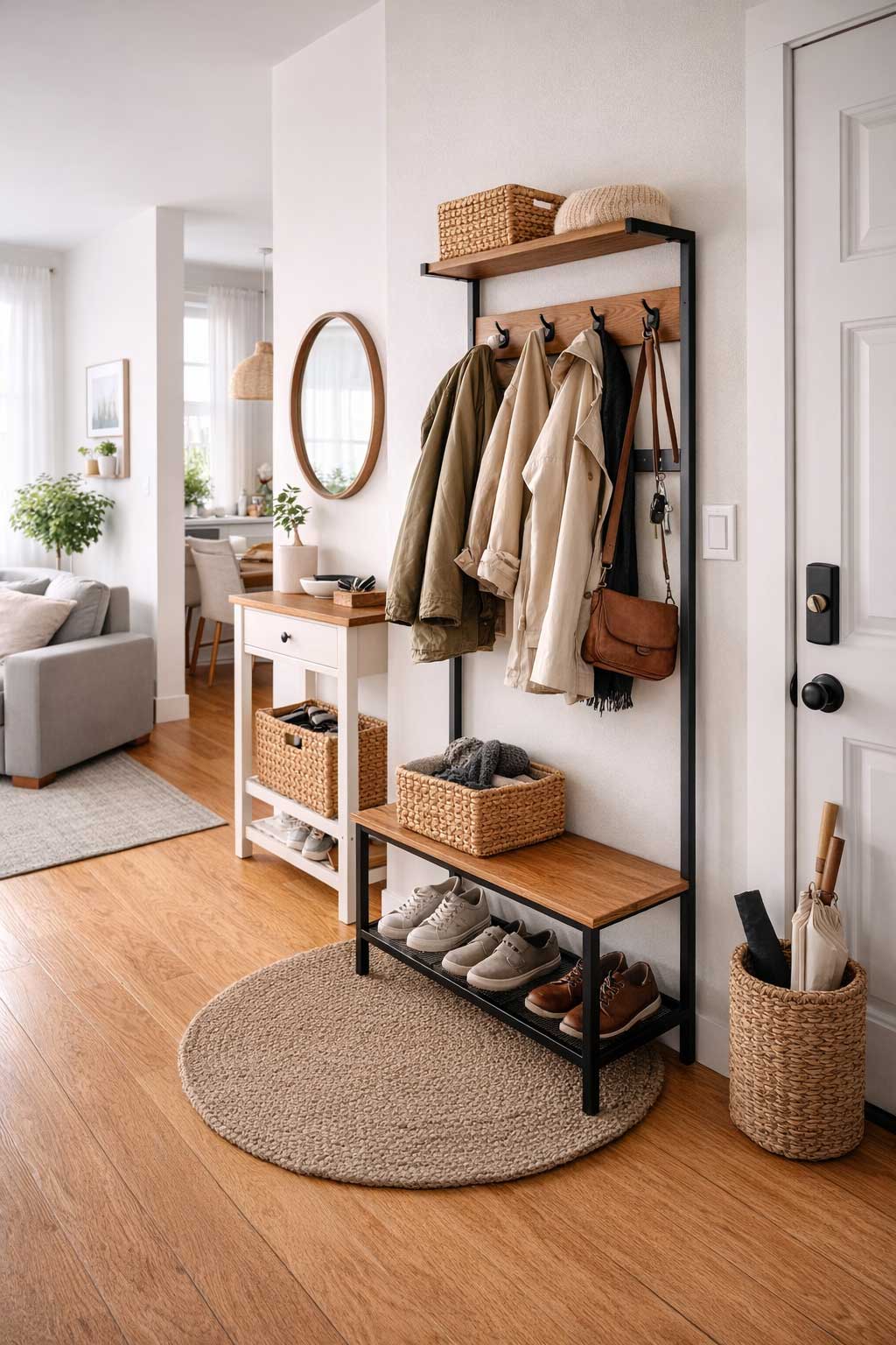 Small apartment entryway without a coat closet, featuring a compact hall tree with hanging coats, shoe storage, baskets, and a realistic front-door organization setup.