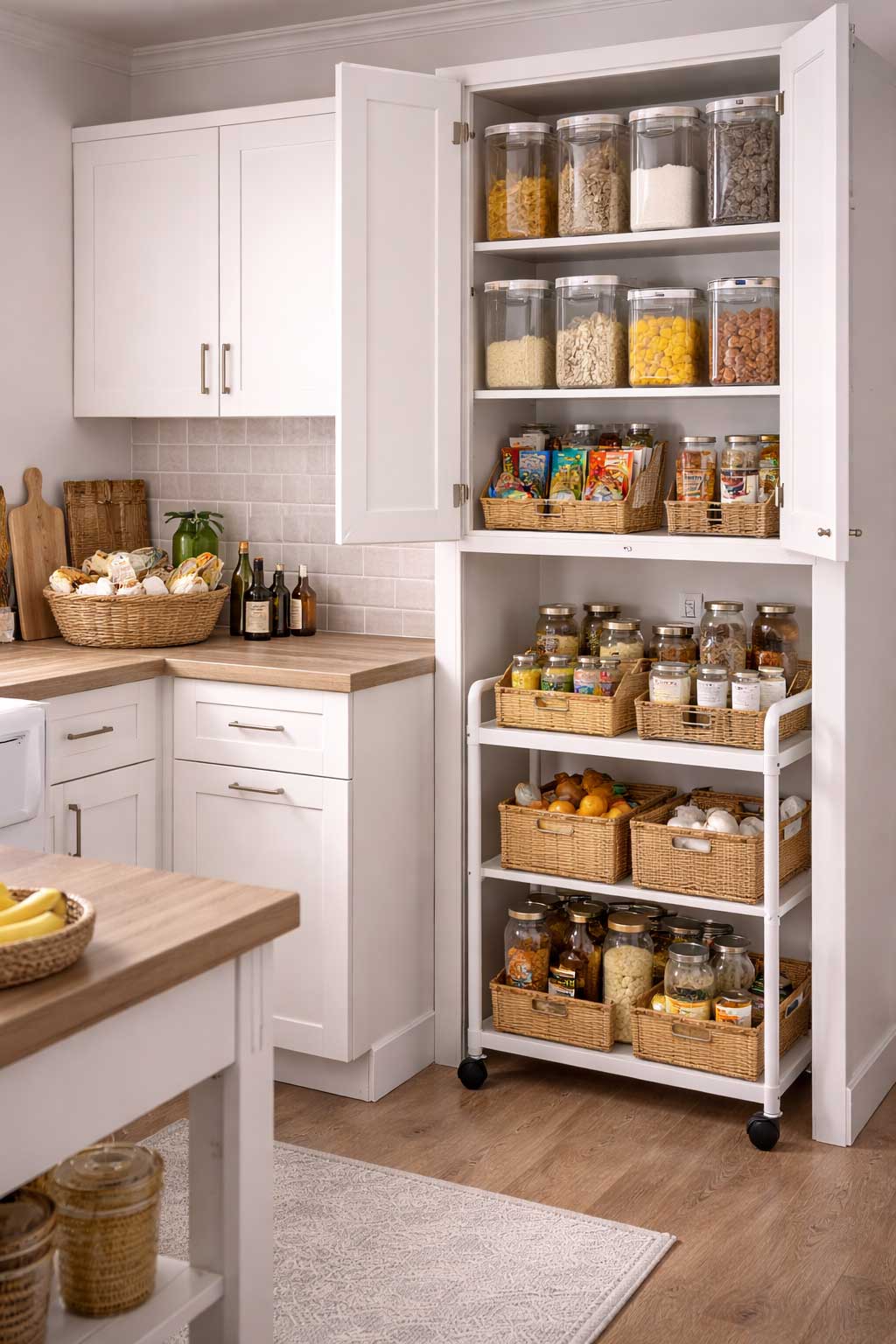 Small apartment kitchen with no pantry, using labeled dry-good containers in a cabinet and a rolling pantry cart with baskets to organize food storage without cluttering the counters.