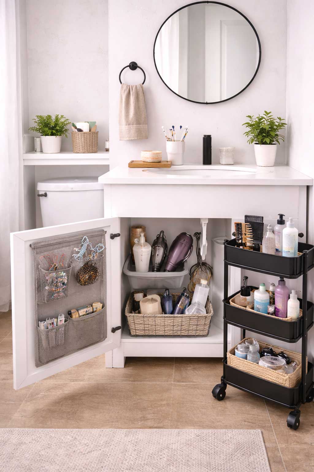 Small apartment bathroom with organized hair-tool storage, featuring a clear vanity counter, grouped hot tools under the sink, cabinet-door pockets for accessories, and a rolling cart for brushes and styling products.