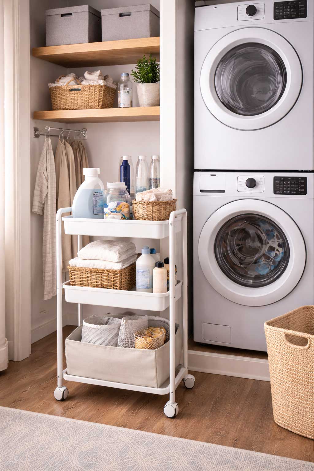 Small apartment laundry area with stacked washer and dryer, a rolling cart for detergent and laundry supplies, shelf storage above, and grouped baskets keeping everyday items organized in a compact space.