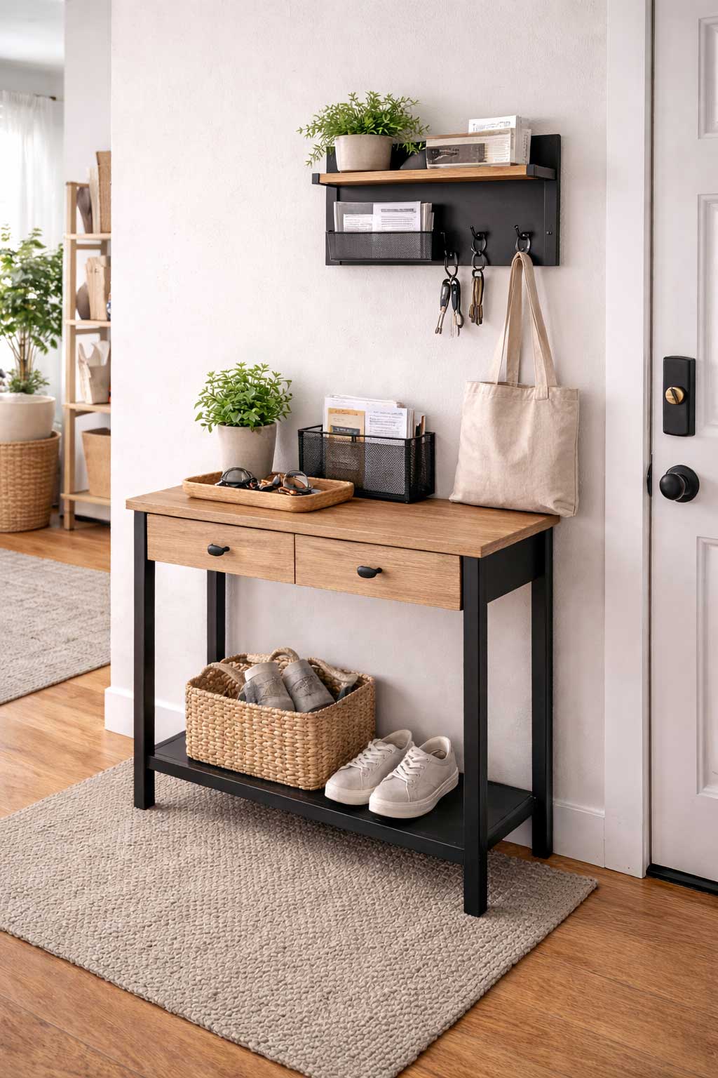 Small apartment entryway with a narrow console table, wall-mounted mail and key organizer, trays for small essentials, and a tidy front-door setup for sorting mail and keeping keys easy to find.