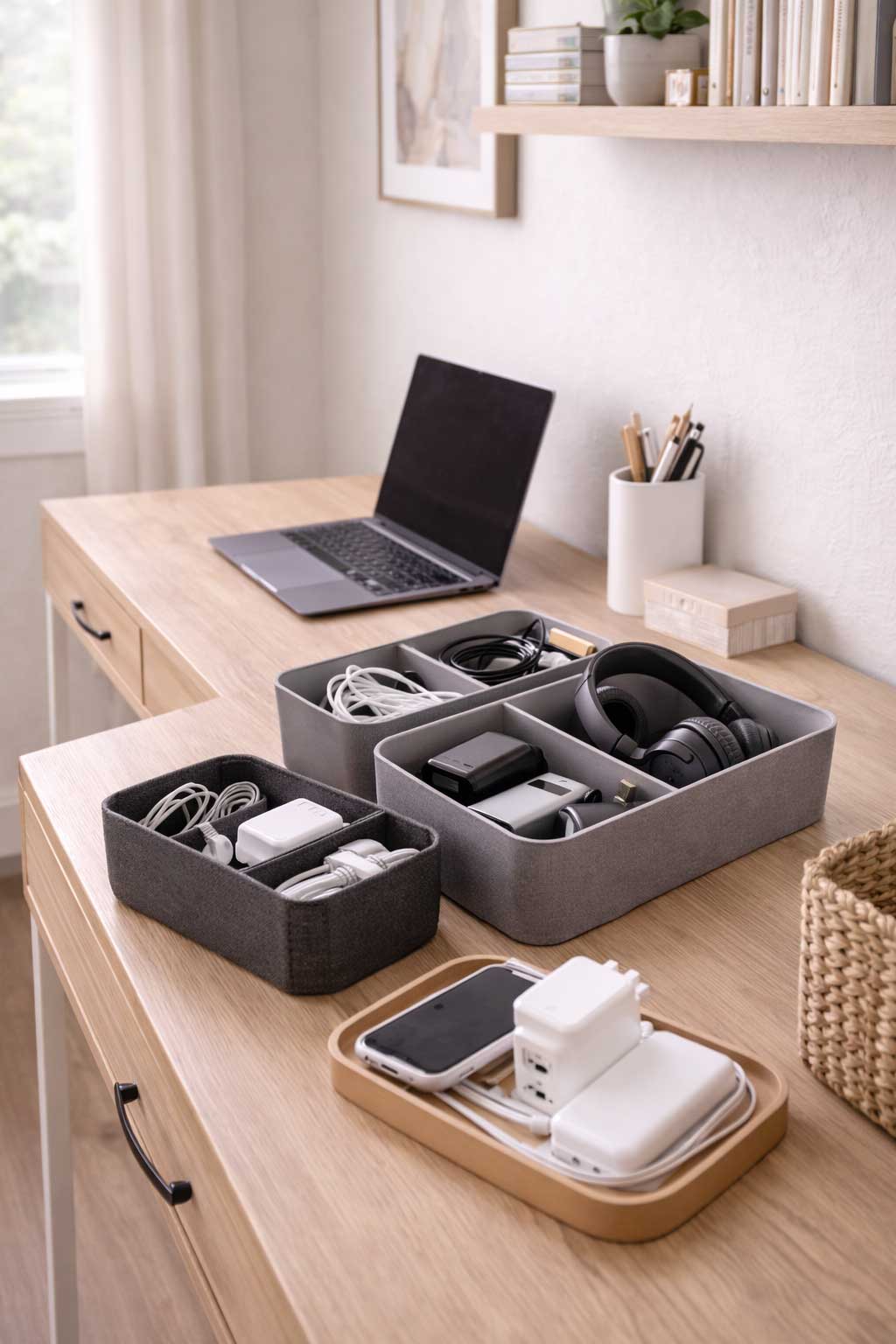 Small apartment workspace with organized tech accessories, featuring grouped chargers, cords, headphones, and adapters stored in trays on a clean desk beside a laptop.