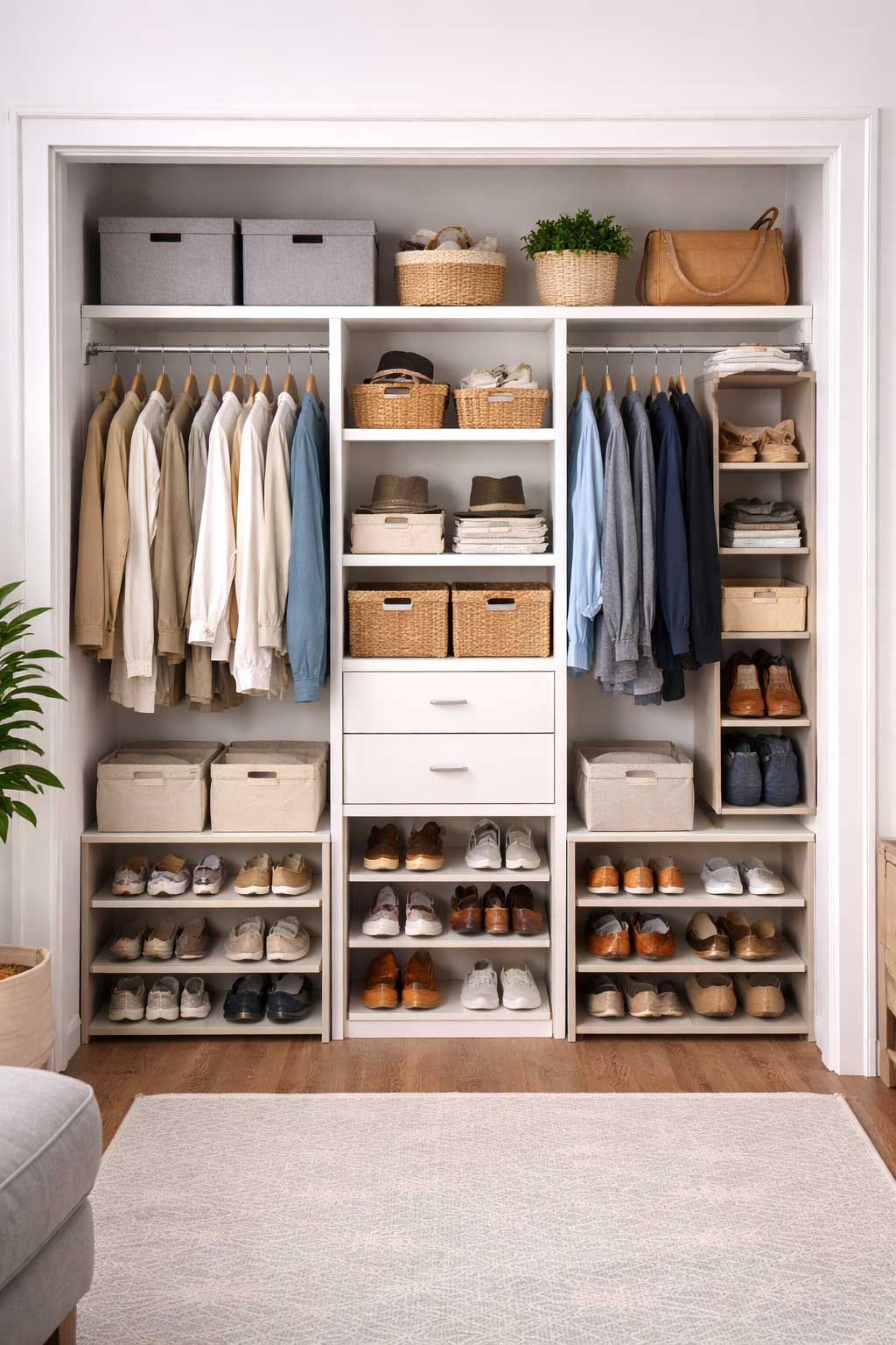 Shared small apartment closet divided into separate zones for two people, with double hanging sections, folded clothes, bins, shelves, and organized shoe storage for easier daily use.