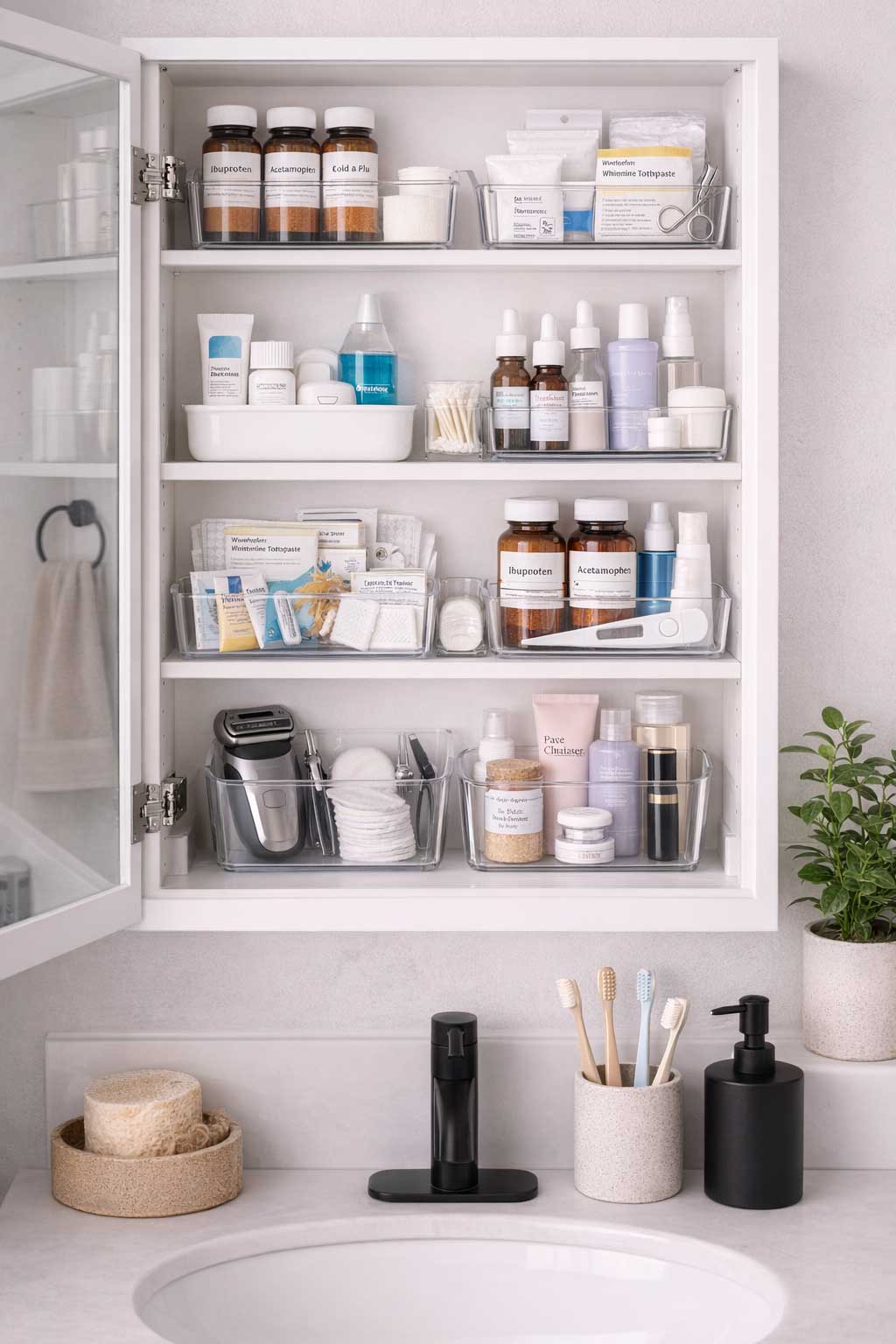 Small apartment bathroom medicine cabinet organized with clear bins for medications, first aid, skincare, and grooming items, above a tidy sink with minimal counter clutter.