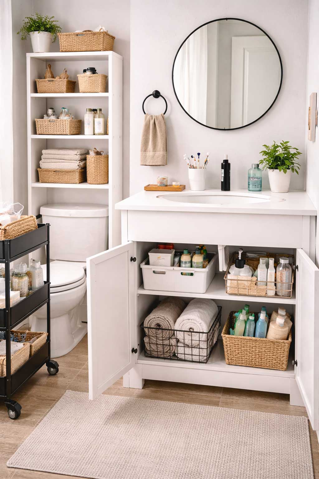 Small apartment bathroom with no drawers, featuring a clean vanity counter, organized under-sink bins, a rolling cart, and shelving above the toilet for extra storage.