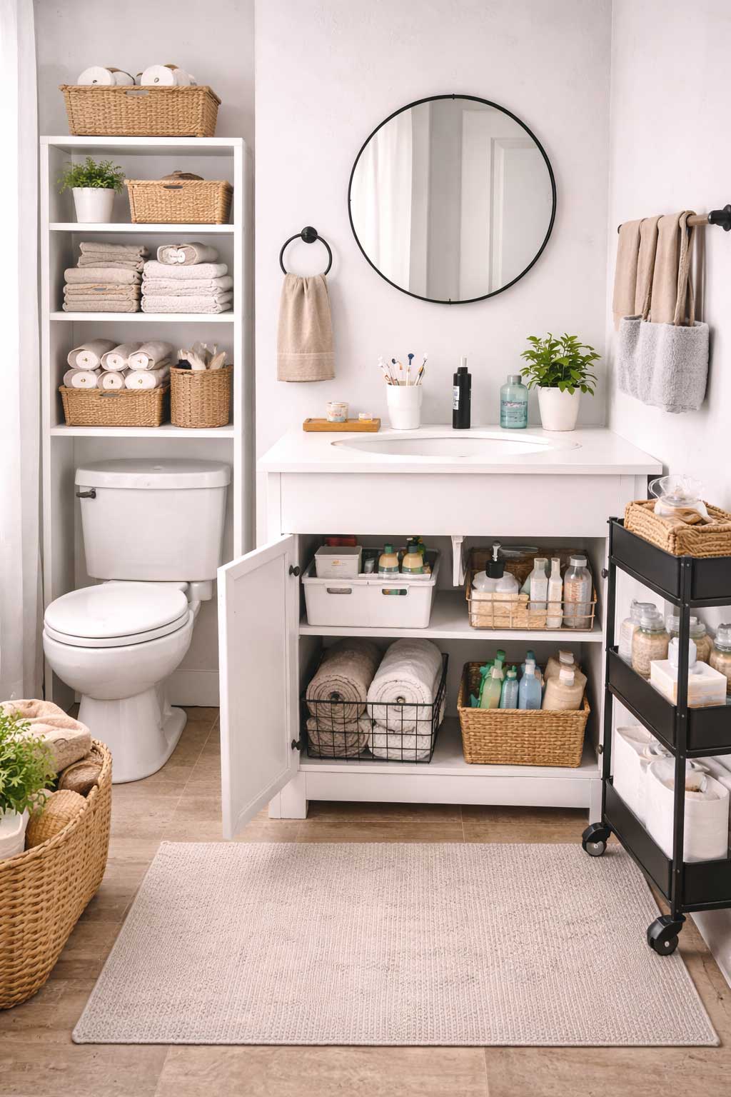 Small apartment bathroom with no linen closet, featuring towels on open shelving above the toilet, organized under-sink bins, a rolling cart, and grouped storage for toiletries and extra paper goods.