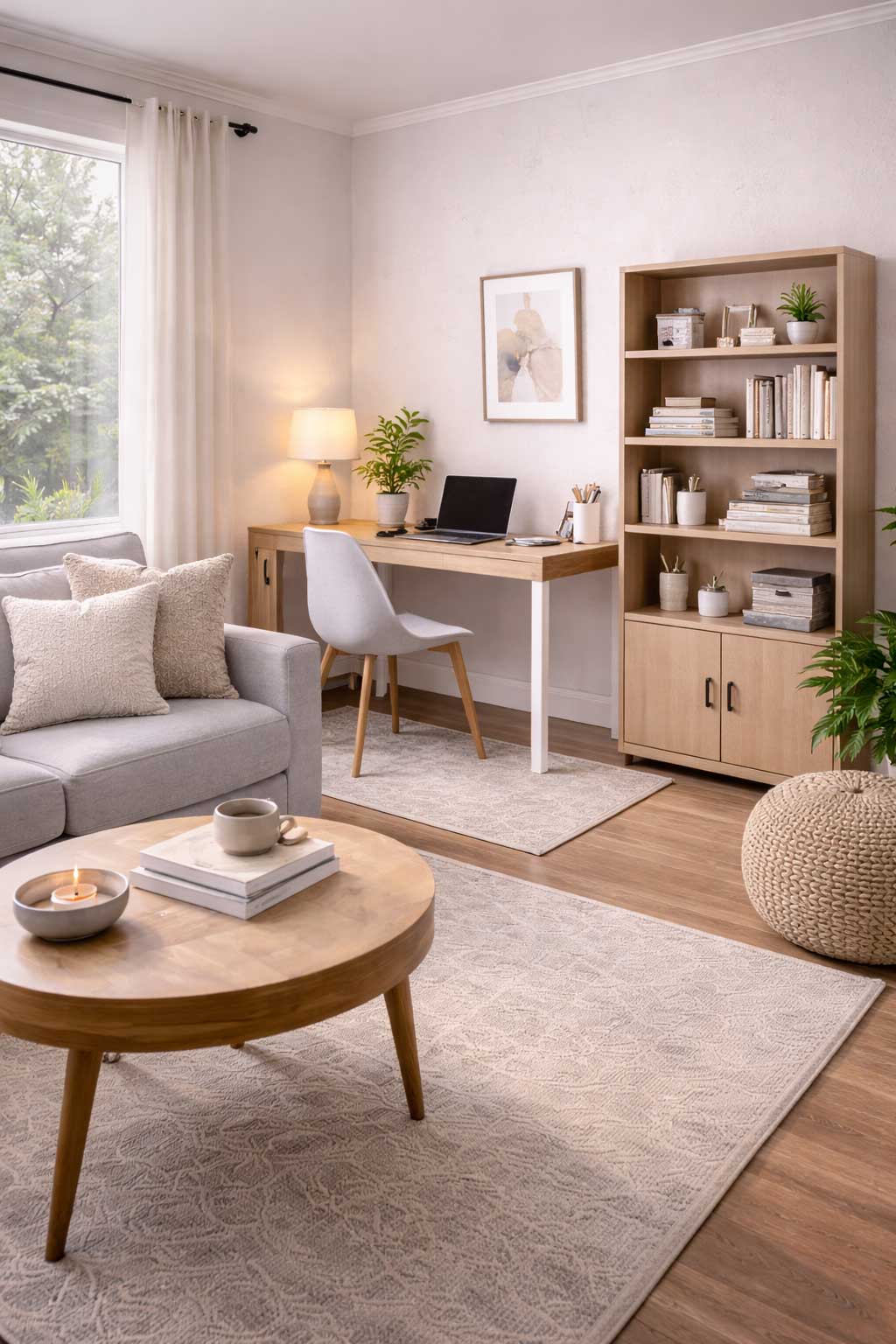 Small apartment living room with a compact desk setup visually separated from the lounge area using furniture placement, a rug, and shelving to create distinct work and living zones.