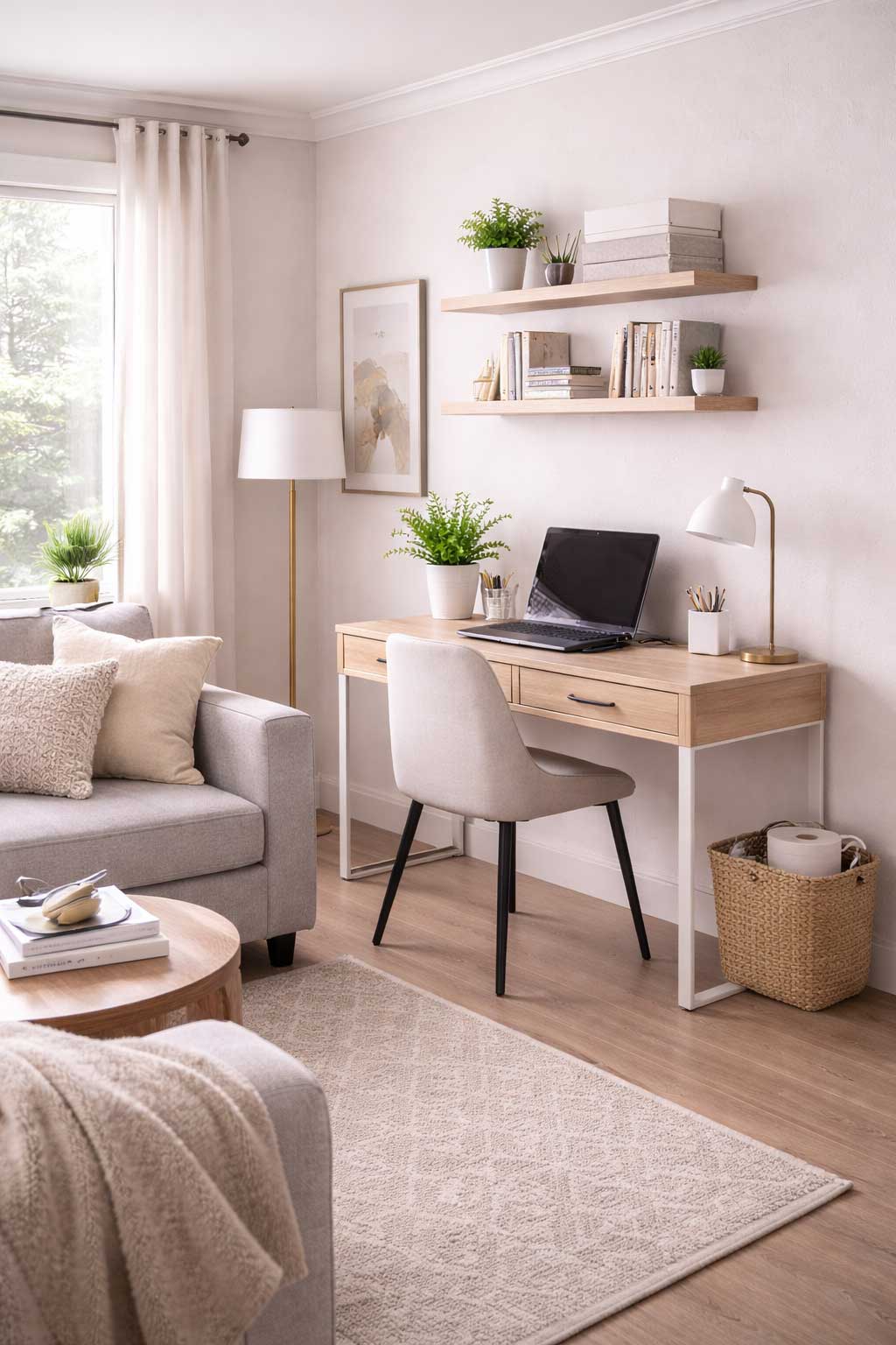 Small apartment living room with a compact home office setup, featuring a slim desk, upholstered chair, floating shelves, and contained workspace storage that blends into the lounge area.