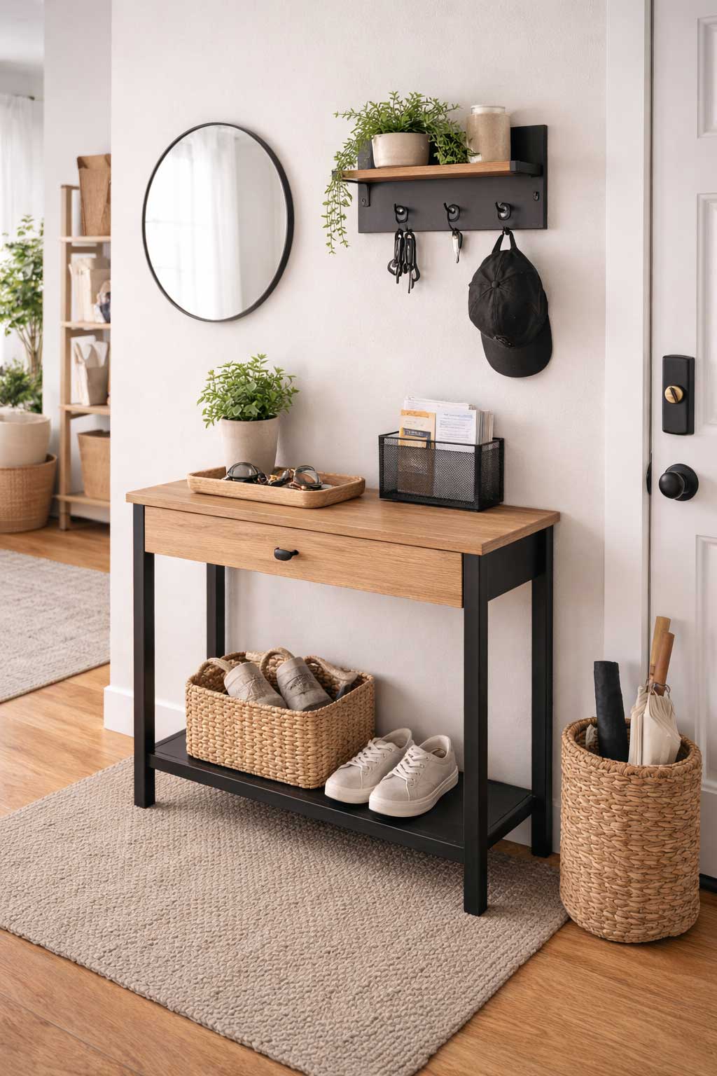 Small apartment entryway drop zone with a narrow console table, wall shelf with hooks, tray for keys and sunglasses, mail organizer, basket storage, and a clean clutter-free setup near the front door.