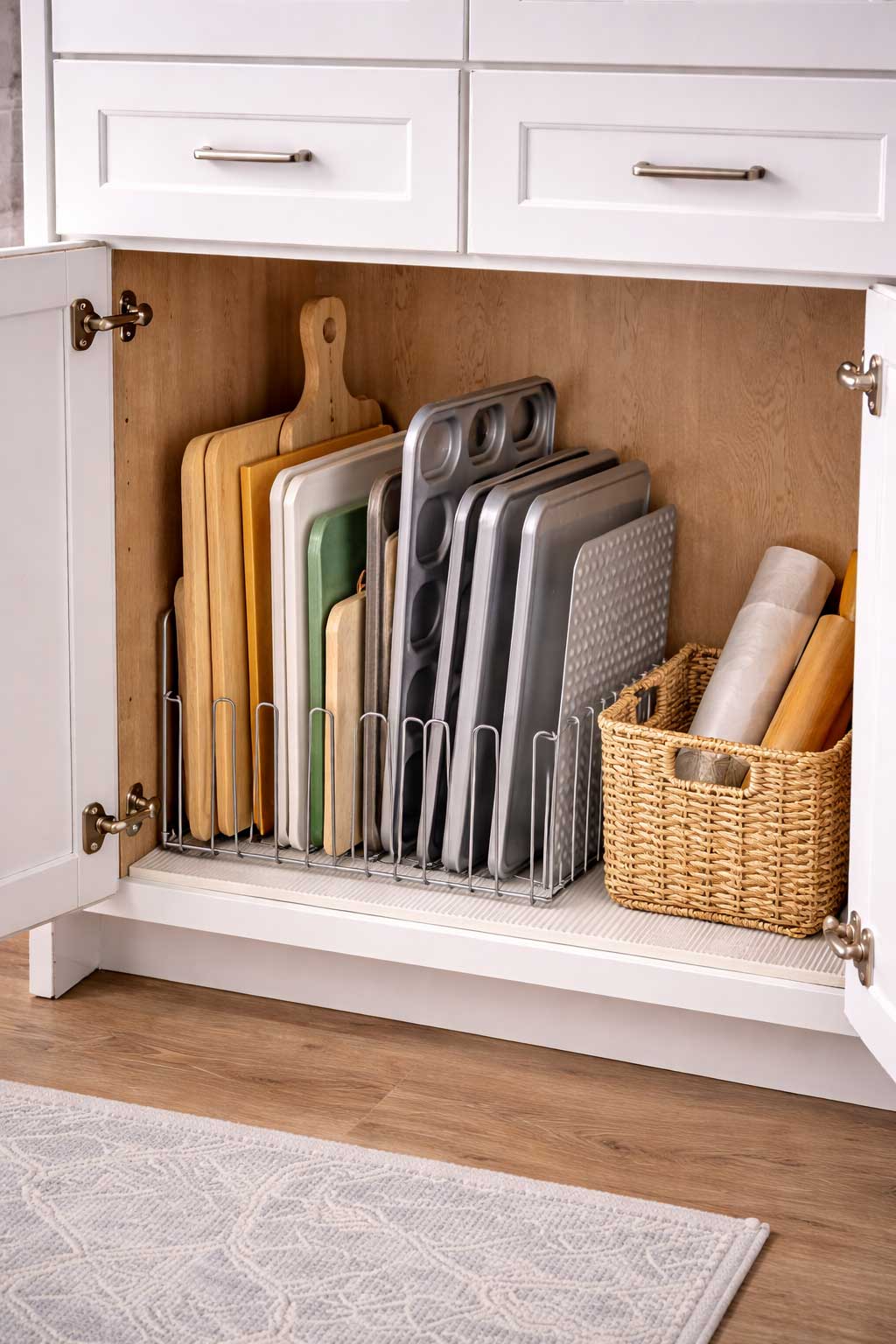 Small apartment kitchen lower cabinet with baking sheets and cutting boards stored vertically in a wire divider rack, keeping flat items upright, separated, and easy to pull out.