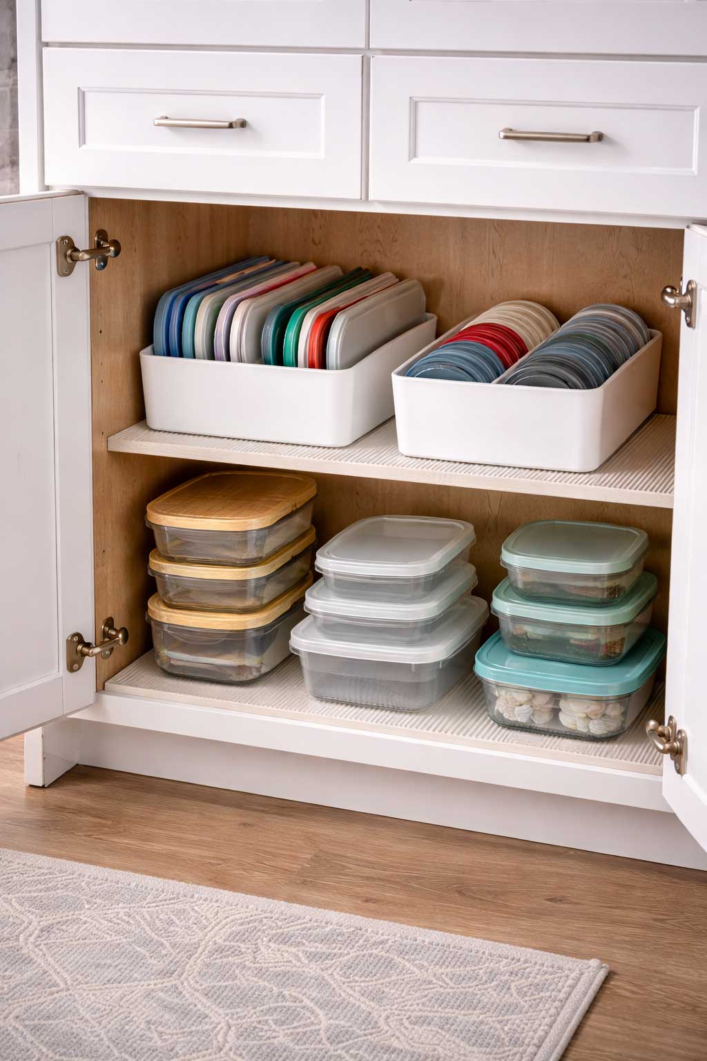 Small apartment kitchen cabinet with reusable food containers nested by size and lids stored upright in separate bins, creating a neat and easy-to-match storage system.