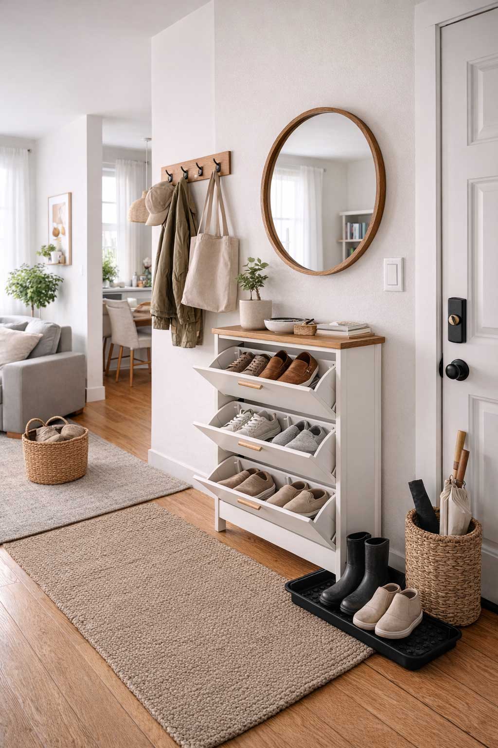 Small apartment entryway with a slim shoe cabinet, hanging coats, round wall mirror, and a neat front-door shoe storage setup with boots on a tray.