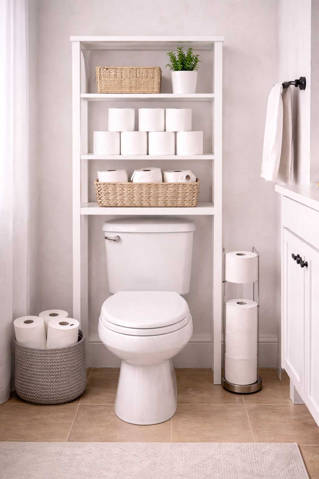 Small apartment bathroom with toilet paper stored efficiently using an over-the-toilet shelf, slim freestanding roll holder, and woven basket for extra rolls without wasting floor space.