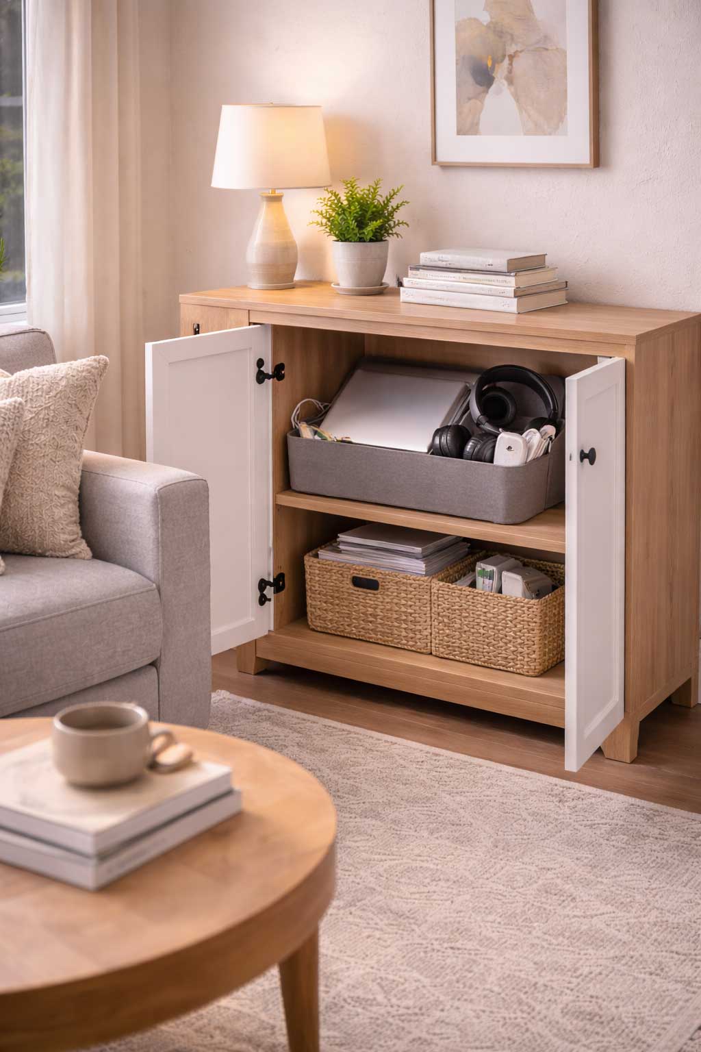 Small apartment living room with a cabinet used to store a laptop, headphones, papers, and work accessories at the end of the day, helping the workspace disappear after hours.