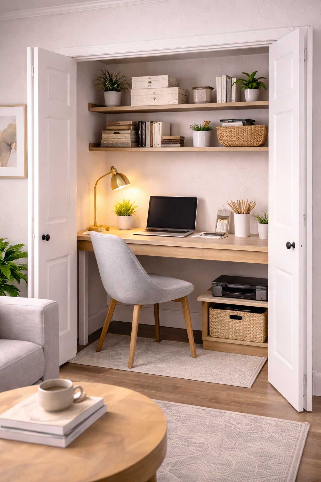 Small apartment closet office with a compact desk, chair, task lamp, floating shelves, and organized storage, creating a tucked-away workspace with natural separation from the living area.