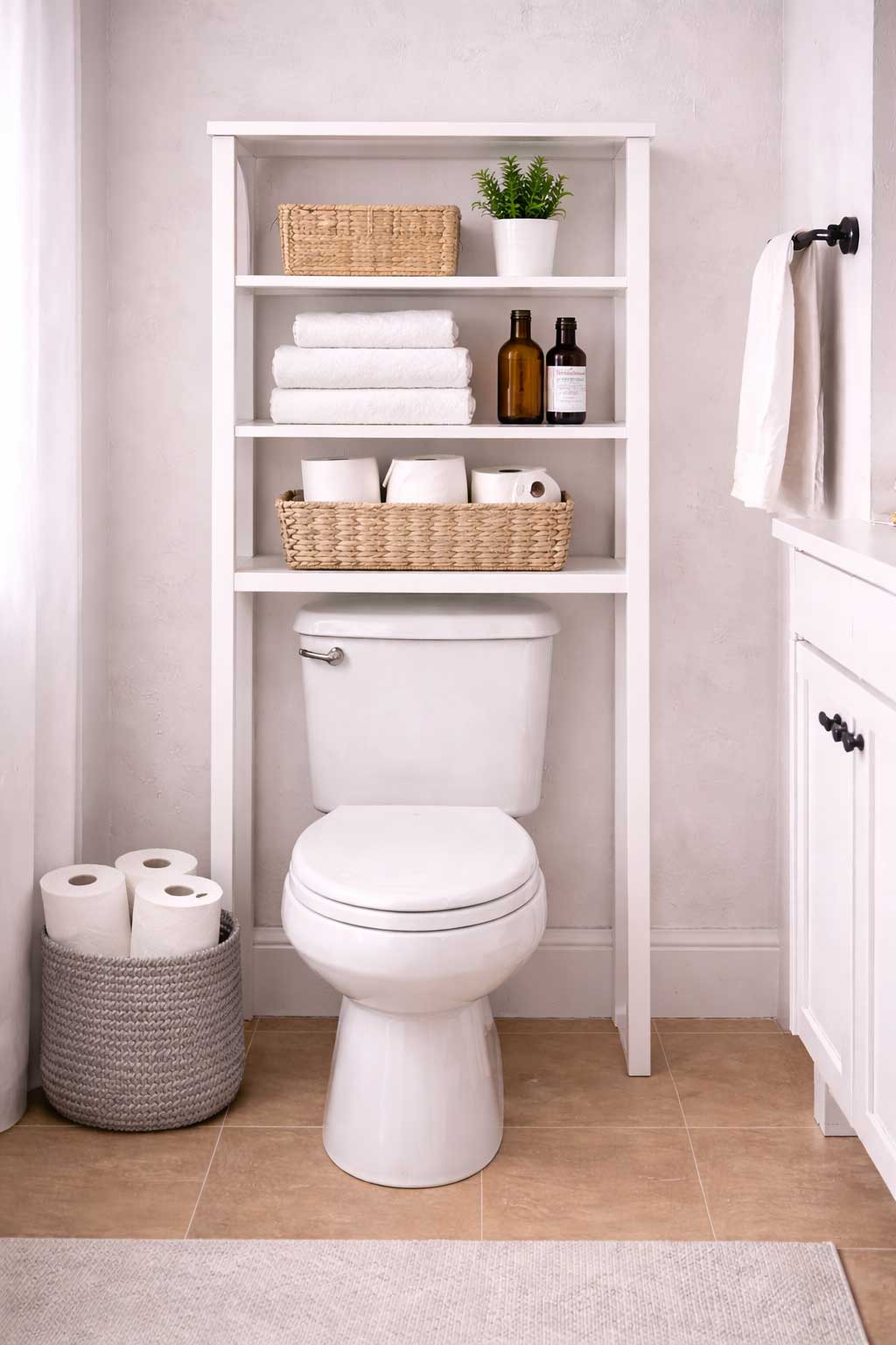 Small apartment bathroom with slim over-the-toilet shelving, folded towels, grouped toilet paper in baskets, and a light uncluttered setup that adds storage without making the room feel crowded.