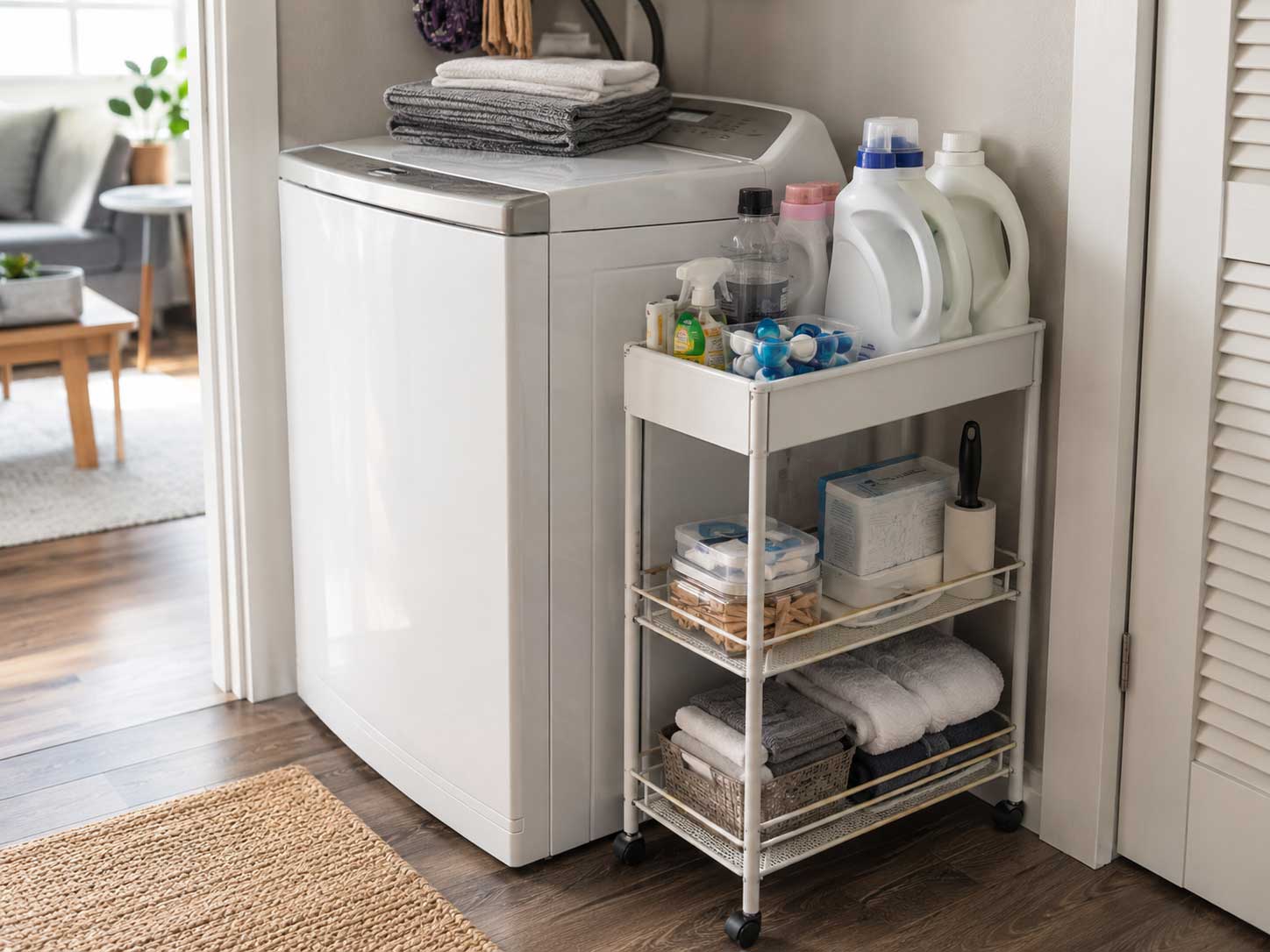 Detergent organizer with laundry supplies beside a washer in a small apartment laundry nook.