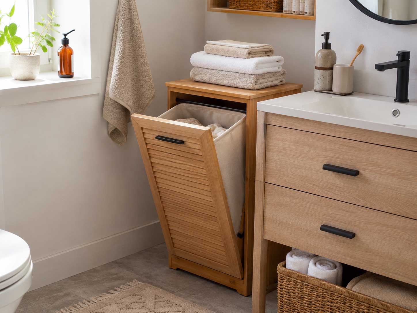 Laundry hamper cabinet with a tilt-out bin beside a vanity in a small apartment bathroom.