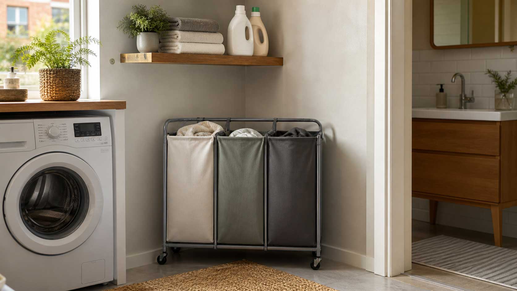 Compact 3-section laundry sorter beside a washer in a small apartment laundry corner.