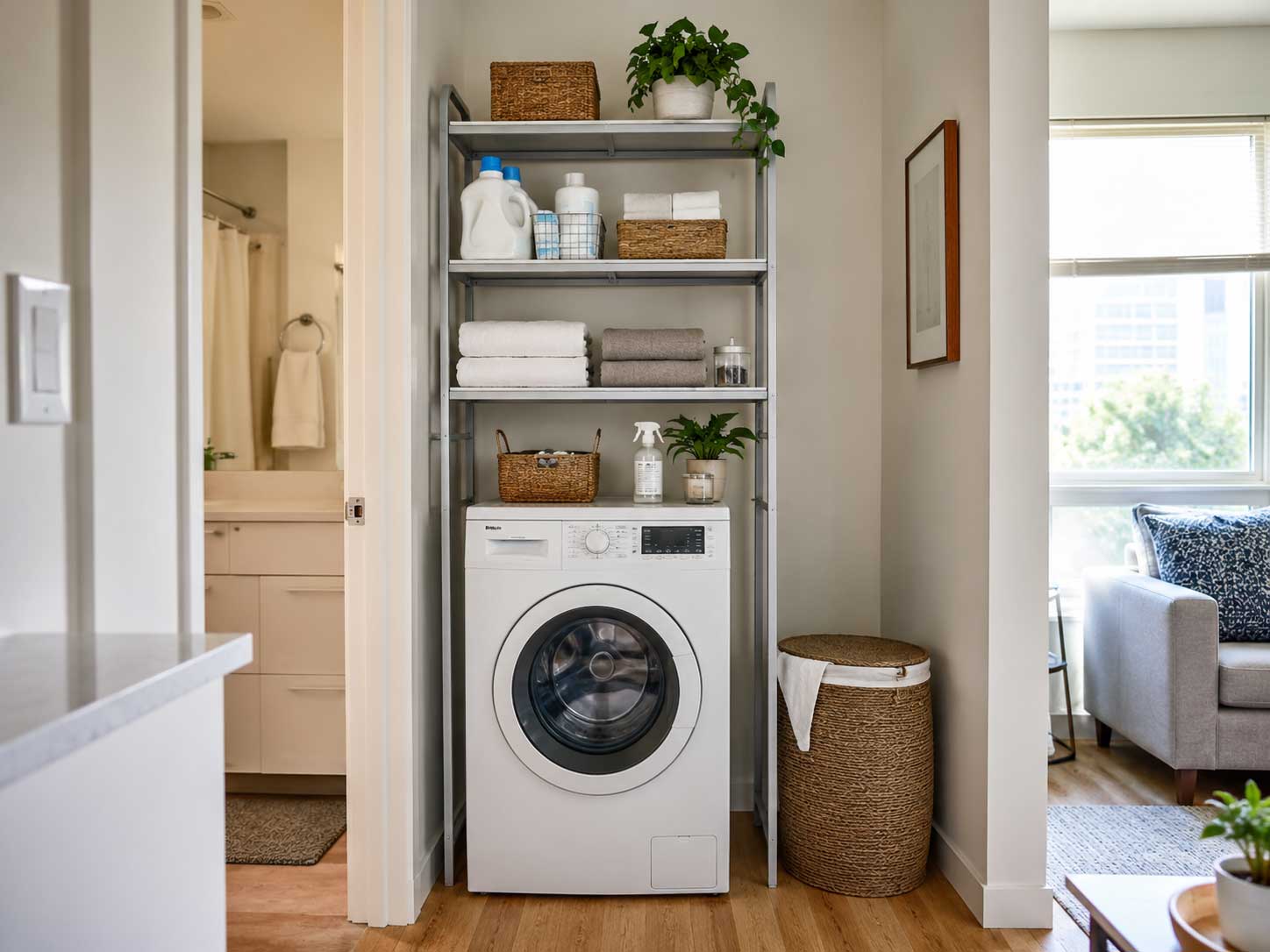 Over-washer storage shelves with laundry supplies above a compact washer in a small apartment laundry nook.