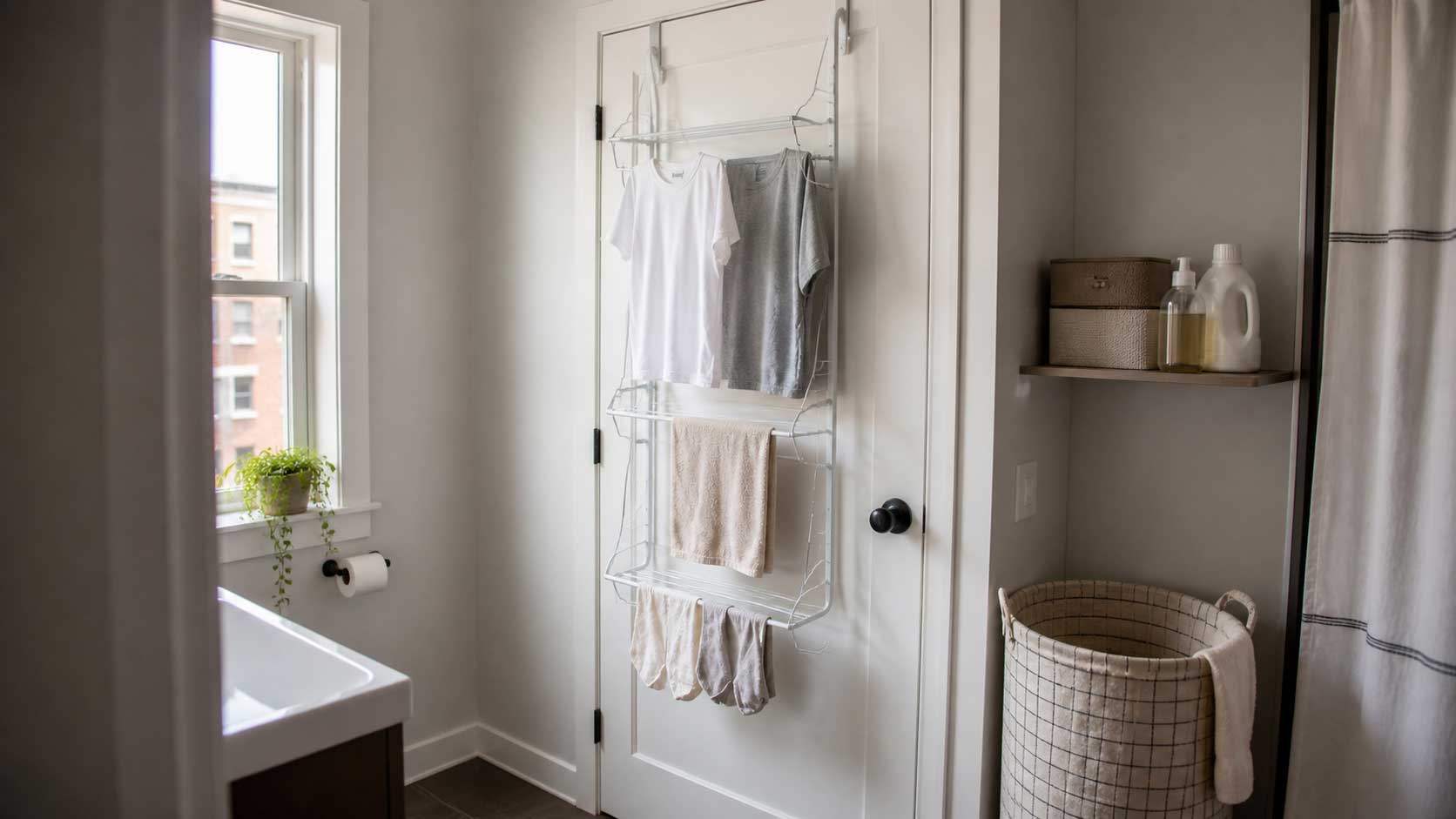Over-the-door drying rack with clothes and towels drying on a small apartment bathroom door.
