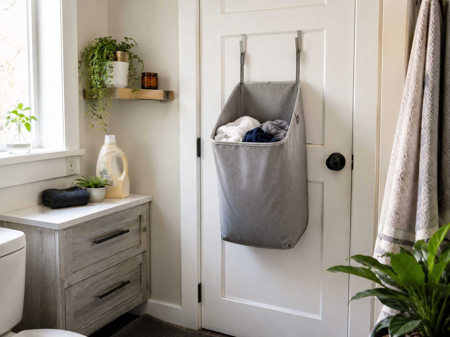 Over-the-door laundry hamper hanging on a small apartment bathroom door.