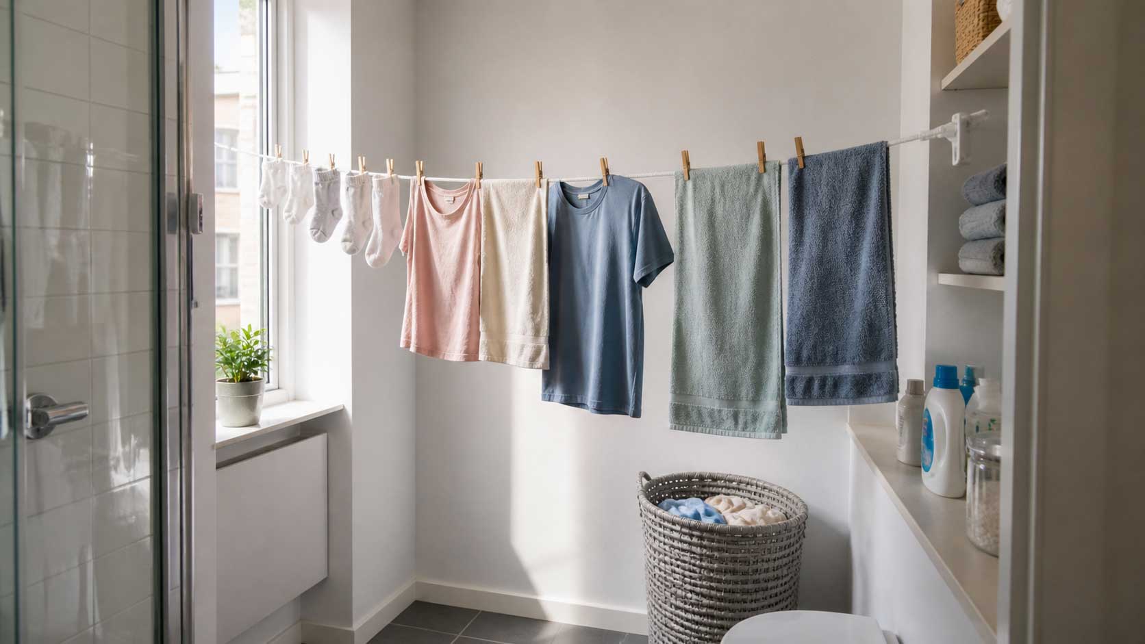 Retractable clothesline with shirts, towels, and socks drying in a small apartment bathroom.