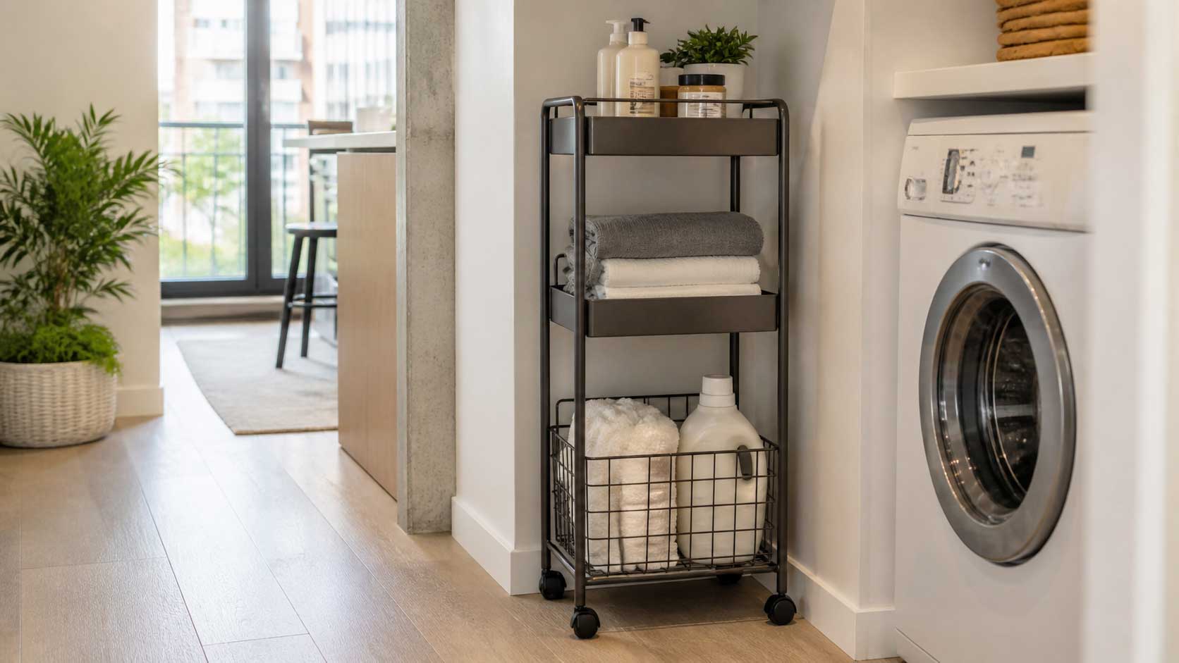 Compact rolling laundry cart with towels and detergent beside a washer in a small apartment laundry nook.
