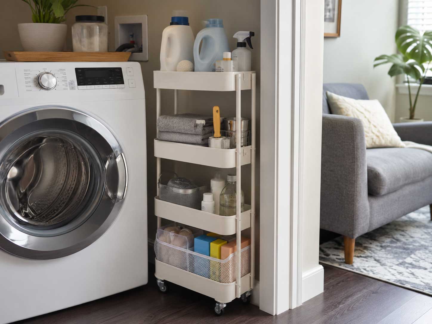 Slim rolling storage cart with laundry supplies beside a washer in a small apartment laundry nook.