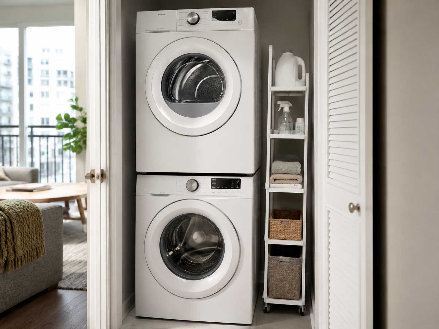 Narrow storage shelf beside a stacked washer and dryer in a small apartment laundry closet.