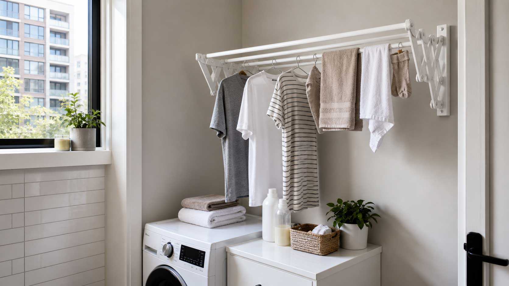 Wall-mounted drying rack with clothes and towels drying in a small apartment laundry nook.